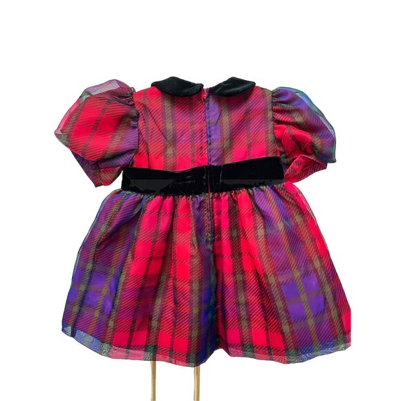 Vtg Florence Eiseman Red Plaid Dress Puff Sleeve Velvet Black Collar Waist Sz 2T - Picture 3 of 5